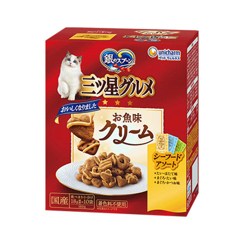 ユニ・チャーム 銀のスプーン 三ツ星グルメ お魚味クリーム 3種のシーフードアソート 180g(18g×10袋)×12箱
