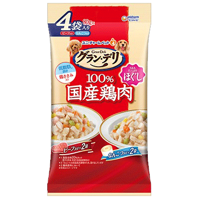 ユニ・チャーム グラン・デリ 100%国産鶏肉 パウチ ほぐし 成犬用 ビーフ入り×なんこつ入り 80g×4袋入り(1ケース16袋)