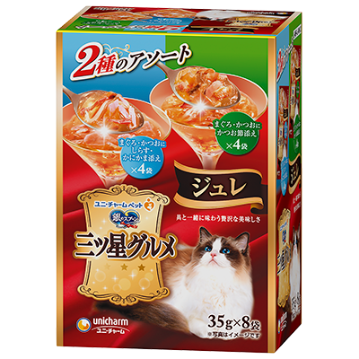 ユニ・チャーム 銀のスプーン 三ツ星グルメ パウチ ジュレ まぐろ・かつおにしらす・かにかま添え&まぐろ・かつおにかつお節添え 35g×8袋(1ケース20箱)