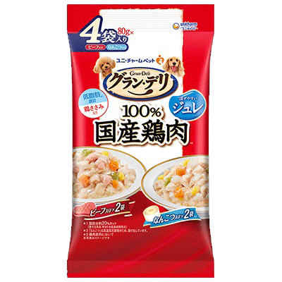 ユニ・チャーム グラン・デリ 100%国産鶏肉 パウチ ジュレ 成犬用 バラエティ ビーフ入り×なんこつ入り 80g×4袋入り(1ケース16袋)