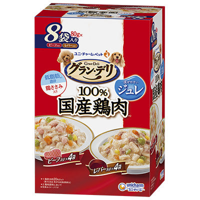 ユニ・チャーム グラン・デリ 100%国産鶏肉 パウチ ジュレ 成犬用 ビーフ入り&レバー入り 80g×8袋入り(1ケース10箱)