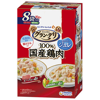 ユニ・チャーム グラン・デリ 100%国産鶏肉 パウチ ジュレ 成犬用 ビーフ入り&緑黄色野菜入り 80g×8袋入り(1ケース10箱)