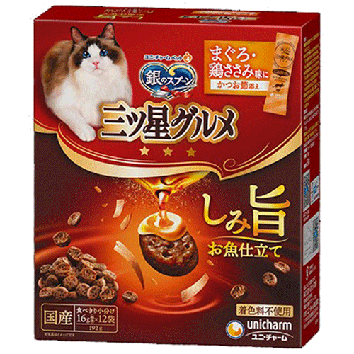 ユニ・チャーム 銀のスプーン 三ツ星グルメ しみ旨お魚仕立て まぐろ・鶏ささみ味にかつお節添え 192g(16g×12袋)×14箱
