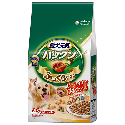 ユニ・チャーム 愛犬元気 パックン 成犬用 ビーフ・チキン・緑黄色野菜・小魚・チーズ入り 2.5kg(小分けパック5袋)×4袋