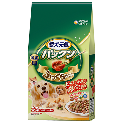 ユニ・チャーム 愛犬元気 パックン 成犬用 ビーフ・ささみ・緑黄色野菜・小魚入り 2.5kg(小分けパック5袋)×4袋