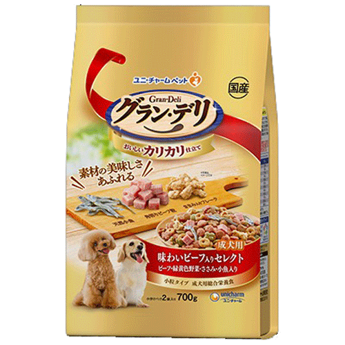 ユニ・チャーム グラン・デリ カリカリ仕立て 成犬用 味わいビーフ入り セレクト ビーフ・緑黄色野菜・ささみ・小魚入り 700g(小分けパック2袋)×9袋