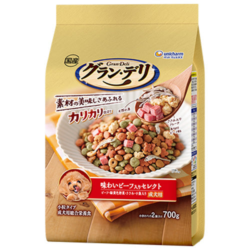 ユニ・チャーム グラン・デリ カリカリ仕立て 成犬用 味わいビーフ入り セレクト ビーフ・緑黄色野菜・ささみ・小魚入り 700g(小分けパック2袋)×9袋