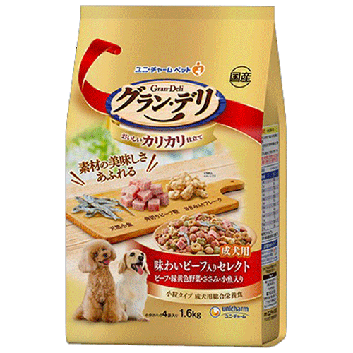 ユニ・チャーム グラン・デリ カリカリ仕立て 成犬用 味わいビーフ入り セレクト ビーフ・緑黄色野菜・ささみ・小魚入り 1.6kg(小分けパック4袋)×4袋