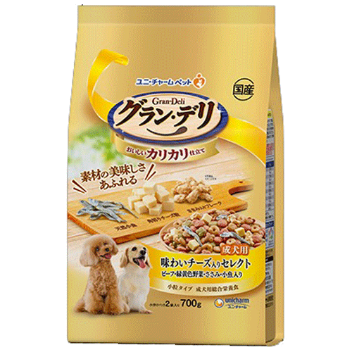 ユニ・チャーム グラン・デリ カリカリ仕立て 成犬用 味わいチーズ入り セレクト ビーフ・緑黄色野菜・ささみ・小魚入り 700g(小分けパック2袋)×9袋