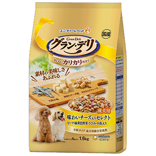 ユニ・チャーム グラン・デリ カリカリ仕立て 成犬用 味わいチーズ入り セレクト ビーフ・緑黄色野菜・ささみ・小魚入り 1.6kg(小分けパック4袋)×4袋