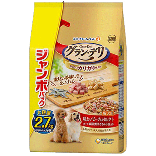 ユニ・チャーム グラン・デリ カリカリ仕立て 成犬用 味わいビーフ入り セレクト ビーフ・緑黄色野菜・ささみ・小魚入り ジャンボパック 2.7kg(小分けパック6袋)×4袋