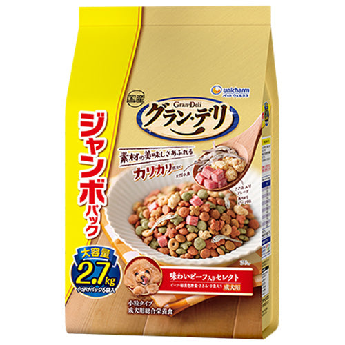 ユニ・チャーム グラン・デリ カリカリ仕立て 成犬用 味わいビーフ入り セレクト ビーフ・緑黄色野菜・ささみ・小魚入り ジャンボパック 2.7kg(小分けパック6袋)×4袋