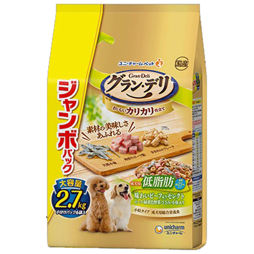 ユニ・チャーム グラン・デリ カリカリ仕立て 低脂肪 味わいビーフ入りセレクト 脂肪分約25%カット ビーフ・緑黄色野菜・ささみ・小魚入り ジャンボパック 2.7kg(小分けパック6袋)×4袋