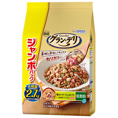 ユニ・チャーム グラン・デリ カリカリ仕立て 低脂肪 味わいビーフ入りセレクト 脂肪分約25%カット ビーフ・緑黄色野菜・ささみ・小魚入り ジャンボパック 2.7kg(小分けパック6袋)×4袋