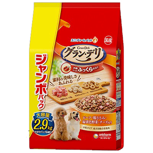 ユニ・チャーム グラン・デリ ふっくら仕立て ビーフ・鶏ささみ・緑黄色野菜・チーズ・角切りビーフ粒入り ジャンボパック 2.9kg(小分けパック6袋)×4袋