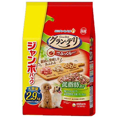 ユニ・チャーム グラン・デリ ふっくら仕立て 低脂肪設計 鶏ささみ・ビーフ・緑黄色野菜・小魚・チーズ・角切りビーフ粒入り ジャンボパック 2.9kg(小分けパック6袋)×4袋