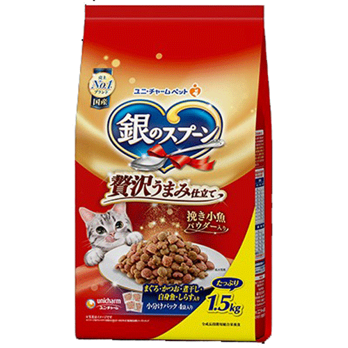 ユニ・チャーム 銀のスプーン 贅沢うまみ仕立て まぐろ・かつお・煮干し・白身魚・しらす入り 1.5kg(小分けパック4袋)×6袋