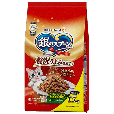 ユニ・チャーム 銀のスプーン 贅沢うまみ仕立て まぐろ・かつお・煮干し・ささみ・緑黄色野菜入り 1.5kg(小分けパック4袋)×6袋