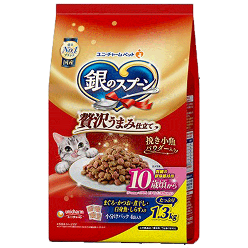ユニ・チャーム 銀のスプーン 贅沢うまみ仕立て 10歳頃から まぐろ・かつお・煮干し・白身魚・しらす入り 1.3kg(小分けパック4袋)×6袋