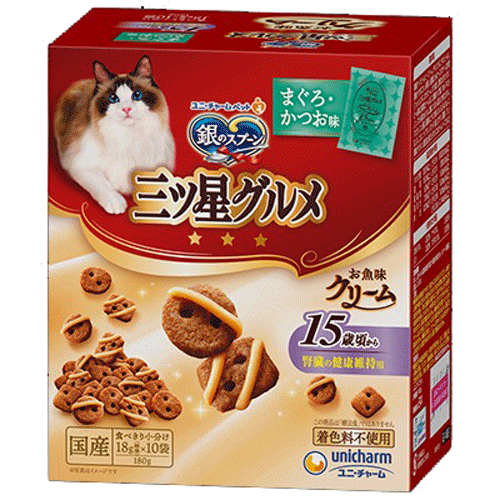 ユニ・チャーム 銀のスプーン 三ツ星グルメ お魚味クリーム 15歳頃から まぐろ・かつお味 180g(18g×10袋)×12箱