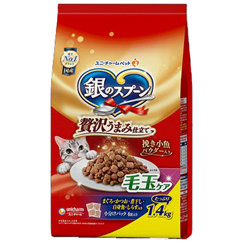 ユニ・チャーム 銀のスプーン 贅沢うまみ仕立て 毛玉ケア まぐろ・かつお・煮干し・白身魚・しらす入り 1.4kg(小分けパック4袋)×6袋