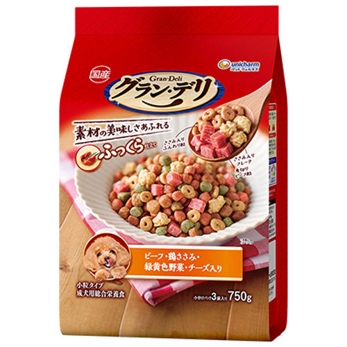 ユニ・チャーム グラン・デリ ふっくら仕立て ビーフ・鶏ささみ・緑黄色野菜・チーズ・角切りビーフ粒入り 750g(小分けパック3袋)×9袋