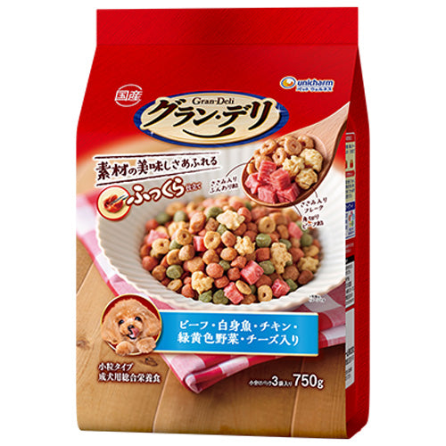 ユニ・チャーム グラン・デリ ふっくら仕立て ビーフ・白身魚・チキン・緑黄色野菜・チーズ・角切りビーフ粒入り 750g(小分けパック3袋)×9袋
