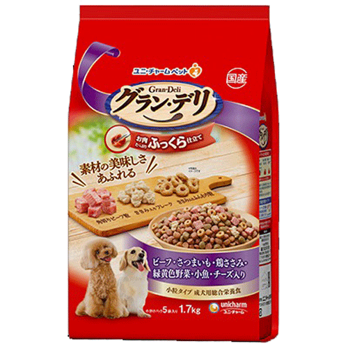 ユニ・チャーム グラン・デリ ふっくら仕立て ビーフ・さつまいも・鶏ささみ・緑黄色野菜・小魚・チーズ・角切りビーフ粒入り 1.7kg(小分けパック5袋)×4袋