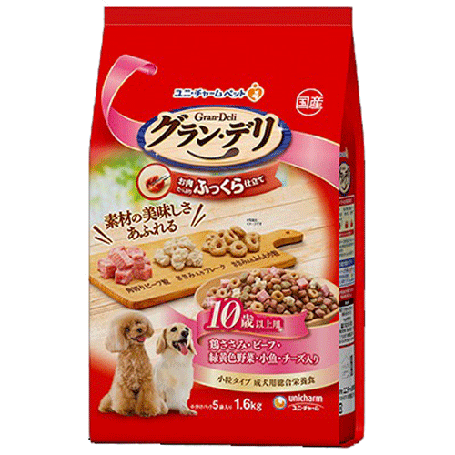 ユニ・チャーム グラン・デリ ふっくら仕立て 10歳以上用 鶏ささみ・ビーフ・緑黄色野菜・小魚・チーズ・角切りビーフ粒入り 1.6kg(小分けパック5袋)×4袋