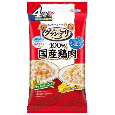 ユニ・チャーム グラン・デリ 100%国産鶏肉 パウチ ジュレ 成犬用 バラエティ 緑黄色野菜入り×チーズ入り 80g×4袋入り(1ケース16袋)