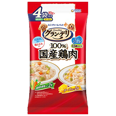ユニ・チャーム グラン・デリ 100%国産鶏肉 パウチ ジュレ 13歳以上用 緑黄色野菜入り×チーズ入り 80g×4袋入り(1ケース16袋)