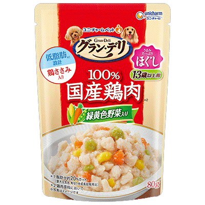 ユニ・チャーム グラン・デリ 100%国産鶏肉 パウチ ほぐし 13歳以上用 緑黄色野菜入り 80g×60袋