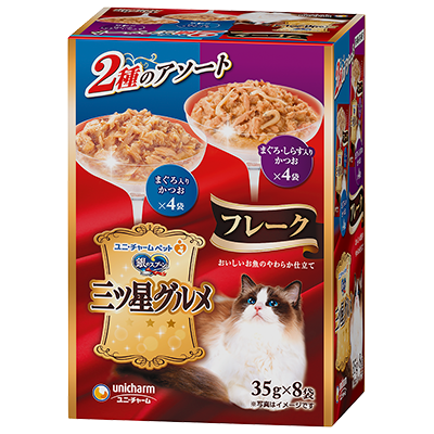 ユニ・チャーム 銀のスプーン 三ツ星グルメ パウチ フレーク まぐろ入りかつお&まぐろ・しらす入りかつお 35g×8袋(1ケース20箱)