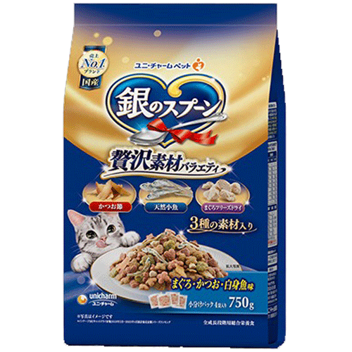 ユニ・チャーム 銀のスプーン 贅沢素材バラエティ まぐろ・かつお・白身魚味 750g(小分けパック4袋)×8袋