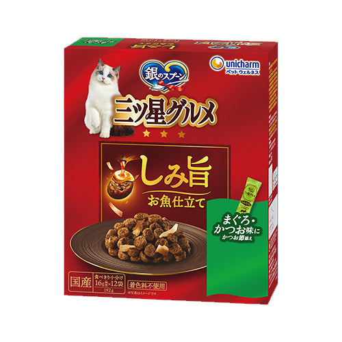 ユニ・チャーム 銀のスプーン 三ツ星グルメ しみ旨お魚仕立て まぐろ・かつお味にかつお節添え 192g(16g×12袋)×14箱
