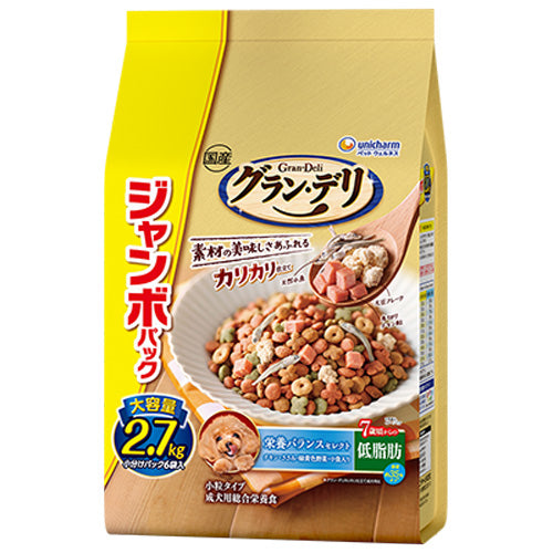 ユニ・チャーム グラン・デリ カリカリ仕立て 7歳頃からの 低脂肪 栄養バランスセレクト 脂肪分約35%カット チキン・ささみ・緑黄色野菜・小魚入り ジャンボパック 2.7kg(小分けパック6袋)×4袋