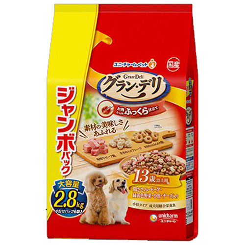 ユニ・チャーム グラン・デリ ふっくら仕立て 13歳以上用 鶏ささみ・ビーフ・緑黄色野菜・小魚・チーズ・角切りビーフ粒入り ジャンボパック 2.8kg(小分けパック6袋)×4袋