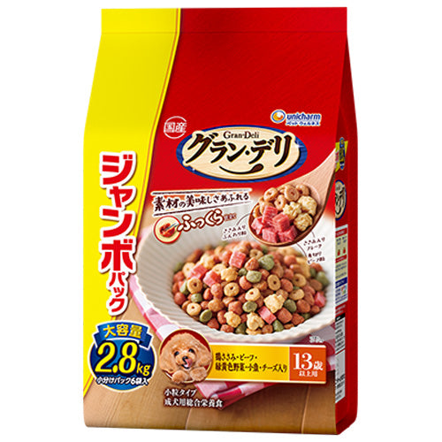 ユニ・チャーム グラン・デリ ふっくら仕立て 13歳以上用 鶏ささみ・ビーフ・緑黄色野菜・小魚・チーズ・角切りビーフ粒入り ジャンボパック 2.8kg(小分けパック6袋)×4袋