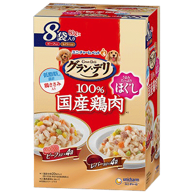 ユニ・チャーム グラン・デリ 100％国産鶏肉 パウチ ほぐし 成犬用 ビーフ入り＆レバー入り 80g×8袋入り(1ケース10箱)