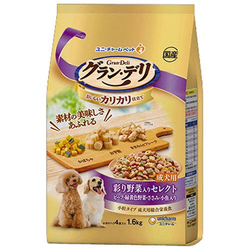 ユニ・チャーム グラン・デリ カリカリ仕立て 成犬用 彩り野菜入りセレクト ビーフ・緑黄色野菜・ささみ・小魚入り 1.6kg(小分けパック4袋)×4袋