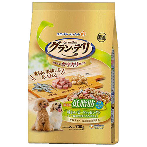 ユニ・チャーム グラン・デリ カリカリ仕立て 低脂肪 味わいビーフ入りセレクト 脂肪分約25%カット ビーフ・緑黄色野菜・ささみ・小魚入り 700g(小分けパック2袋)×9袋