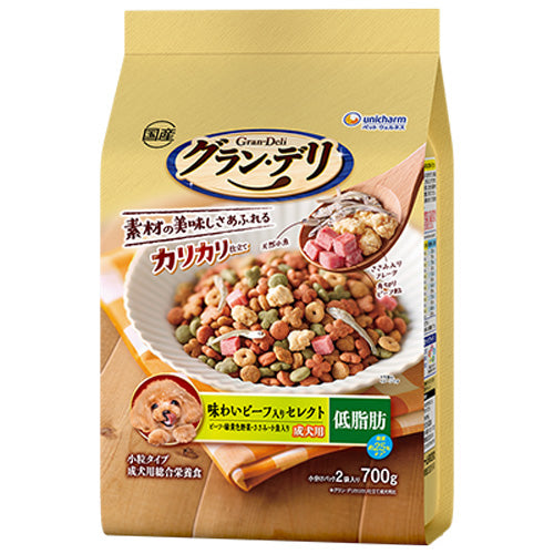 ユニ・チャーム グラン・デリ カリカリ仕立て 低脂肪 味わいビーフ入りセレクト 脂肪分約25%カット ビーフ・緑黄色野菜・ささみ・小魚入り 700g(小分けパック2袋)×9袋