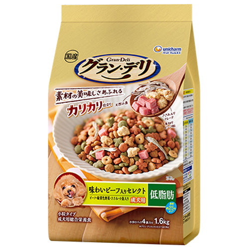 ユニ・チャーム グラン・デリ カリカリ仕立て 低脂肪 味わいビーフ入りセレクト 脂肪分約25%カット ビーフ・緑黄色野菜・ささみ・小魚入り 1.6kg(小分けパック4袋)×4袋