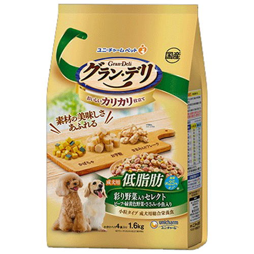 ユニ・チャーム グラン・デリ カリカリ仕立て 低脂肪 彩り野菜入りセレクト 脂肪分約25%カット ビーフ・緑黄色野菜・ささみ・小魚入り 1.6kg(小分けパック4袋)×4袋