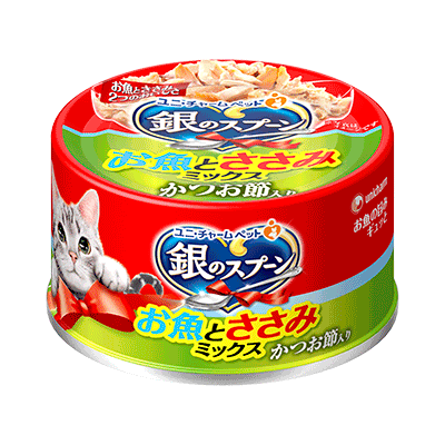 ユニ・チャーム 銀のスプーン 缶 お魚とささみミックス かつお節入り 70g×48缶