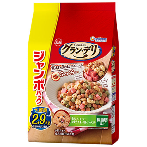ユニ・チャーム グラン・デリ ふっくら仕立て 低脂肪設計 鶏ささみ・ビーフ・緑黄色野菜・小魚・チーズ・角切りビーフ粒入り ジャンボパック 2.9kg(小分けパック6袋)×4袋