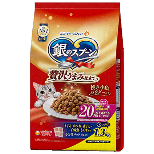 ユニ・チャーム 銀のスプーン 贅沢うまみ仕立て 20歳を過ぎてもすこやかに まぐろ・かつお・煮干し・白身魚・しらす入り 1.3kg(小分けパック4袋)×6袋