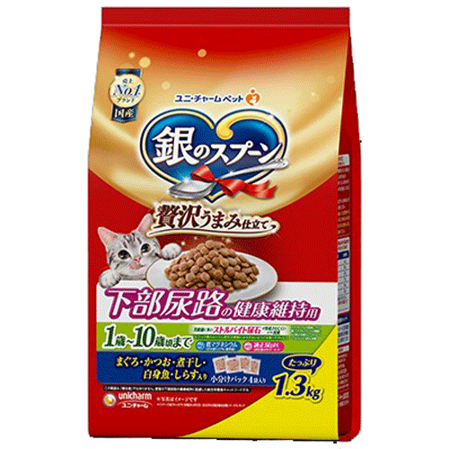 ユニ・チャーム 銀のスプーン 贅沢うまみ仕立て 下部尿路の健康維持用 1歳～10歳頃まで まぐろ・かつお・煮干し・白身魚・しらす入り 1.3kg(小分けパック4袋)×6袋