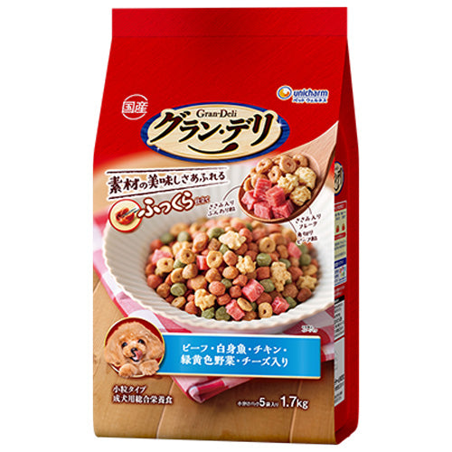 ユニ・チャーム グラン・デリ ふっくら仕立て ビーフ・白身魚・チキン・緑黄色野菜・チーズ・角切りビーフ粒入り 1.7kg(小分けパック5袋)×4袋