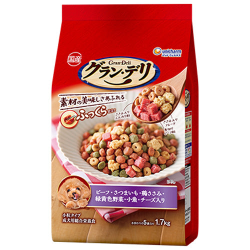ユニ・チャーム グラン・デリ ふっくら仕立て ビーフ・さつまいも・鶏ささみ・緑黄色野菜・小魚・チーズ・角切りビーフ粒入り 1.7kg(小分けパック5袋)×4袋